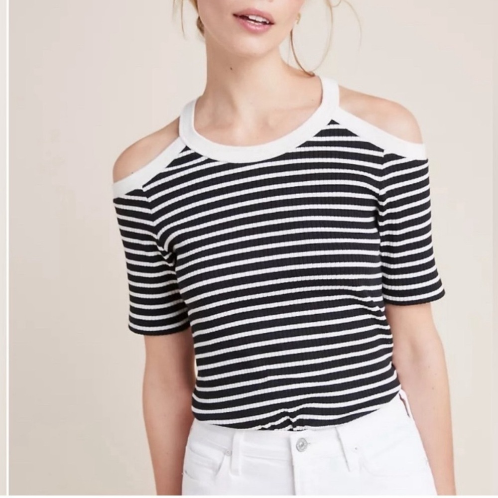 Anthropologie Black and White Striped Cold-Shoulder Tee